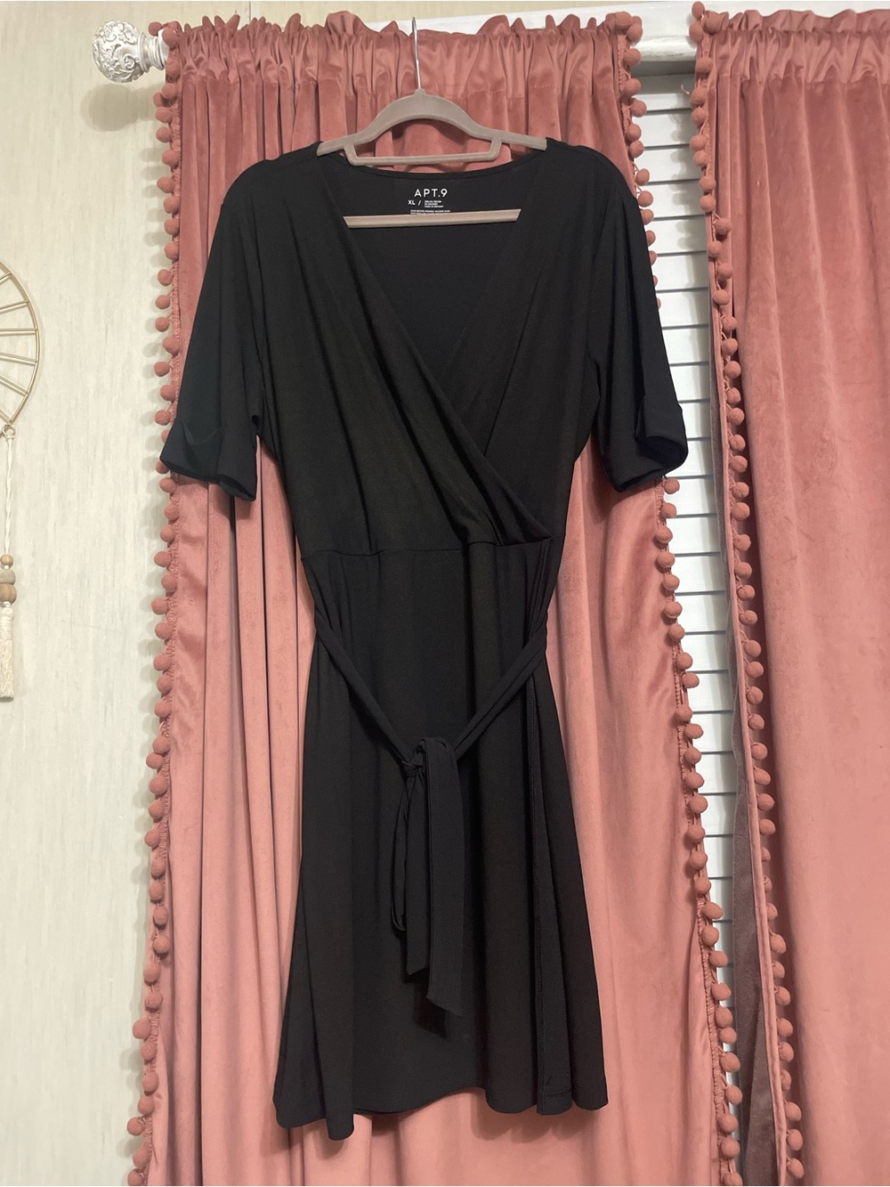 Apt. 9 Black Wrap Midi Dress with Tie Waist with gold glitter shimmer undertone